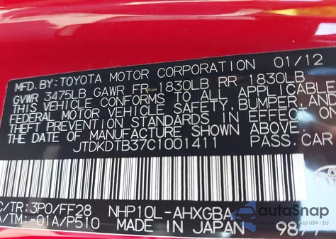 2012 Toyota Prius C Three z USA, uszkodzony, nr VIN JTDKDTB37C1001411